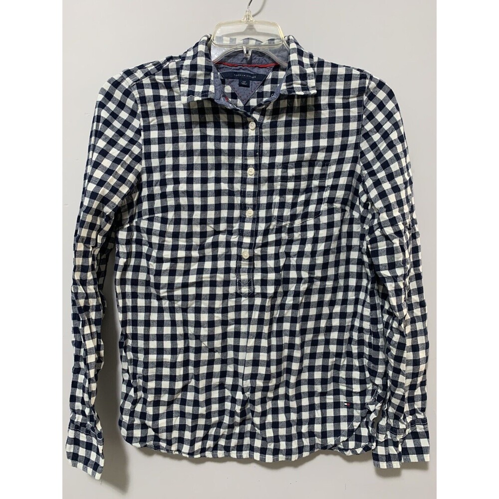 Tommy Hilfiger Women Small Black White Button Up Top Gingham Plaid Checker Shirt